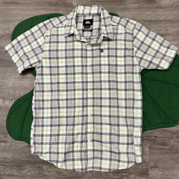 Quiksilver Boys Youth Large Gray Green Short Sleeve Button Front Shirt - Picture 1 of 4